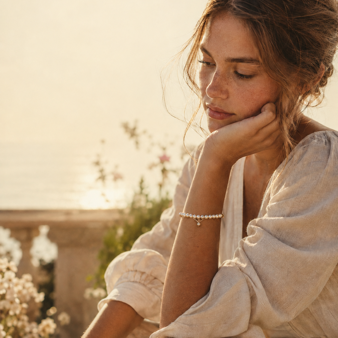 Sunlit Mediterranean travel memory with handwritten journal and pearl jewelry