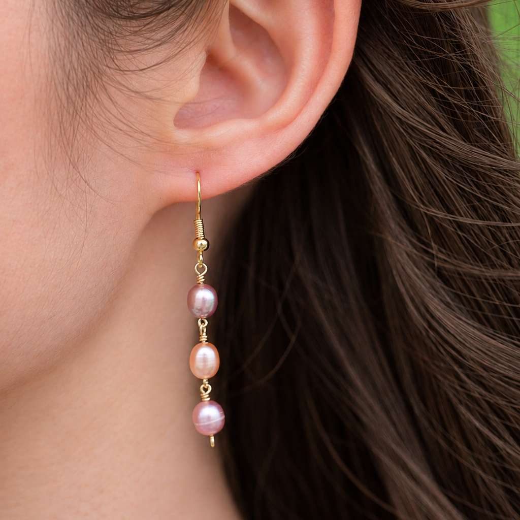 Afterglow Pearl Drop Earrings in 14K gold filled with peach and mauve freshwater pearls
