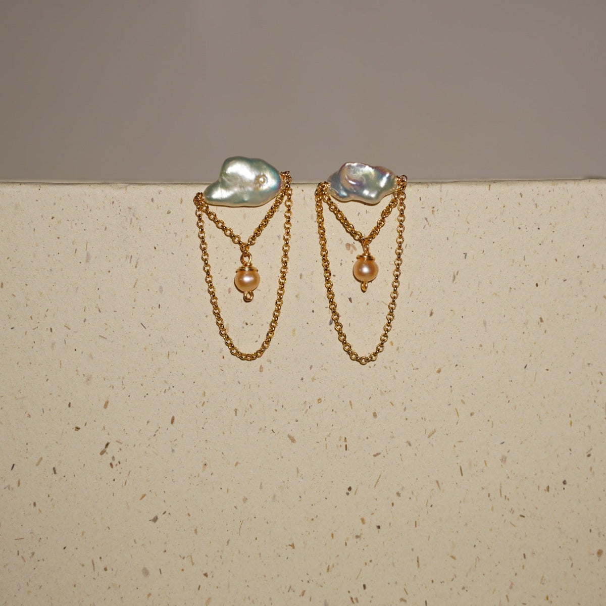 One-of-one 14k gold filled pearl chain drop earrings