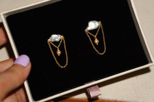 One-of-one 14k gold filled pearl chain drop earrings in jewelry box