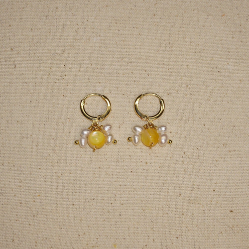 Bumble Bee earrings with yellow mother-of-pearl and pearl cluster details