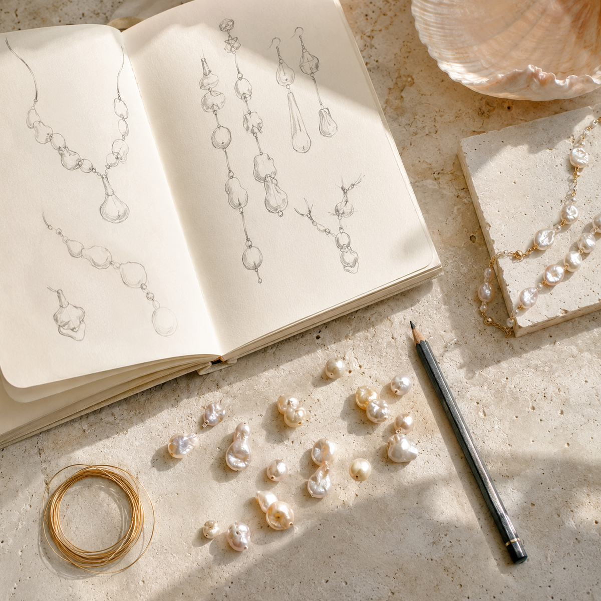 Pearl jewelry sketches and loose freshwater pearls in the Chérie çv studio