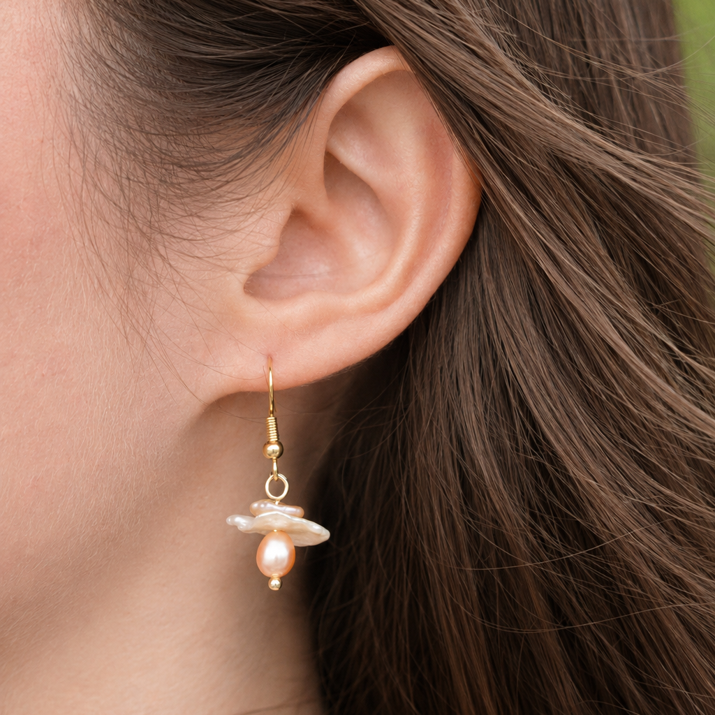 Cloche Pearl Drop Earrings close-up on model