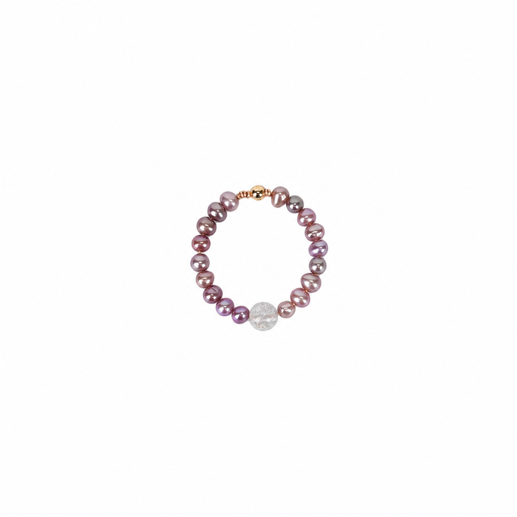 Lunéa fixed-size freshwater pearl and gray moonstone ring on white background