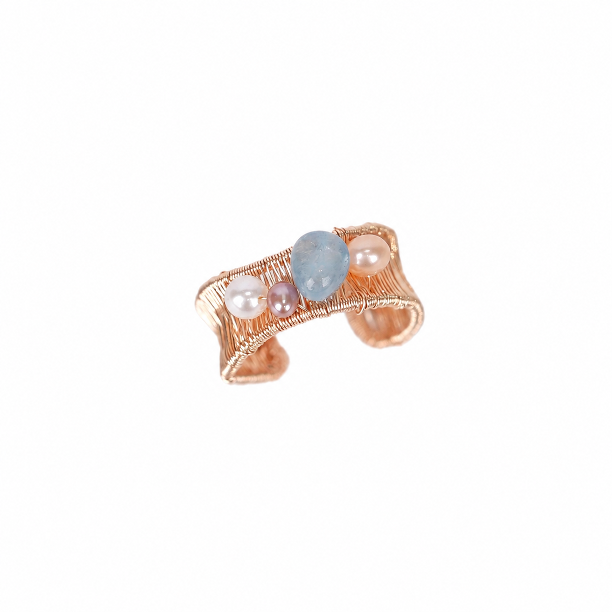 Maris gold plated open ring with aquamarine and freshwater pearls