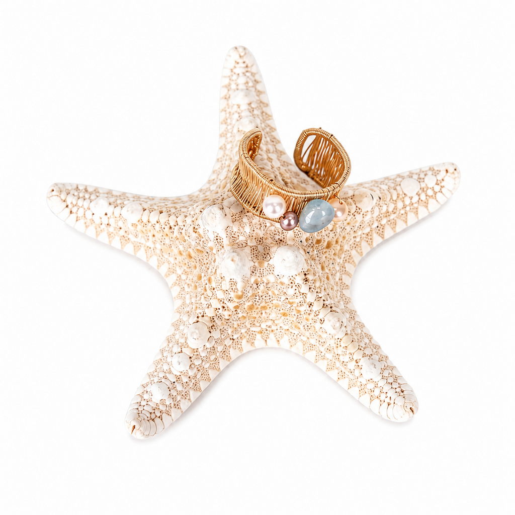 Hand-wrapped Maris aquamarine and freshwater pearl open ring