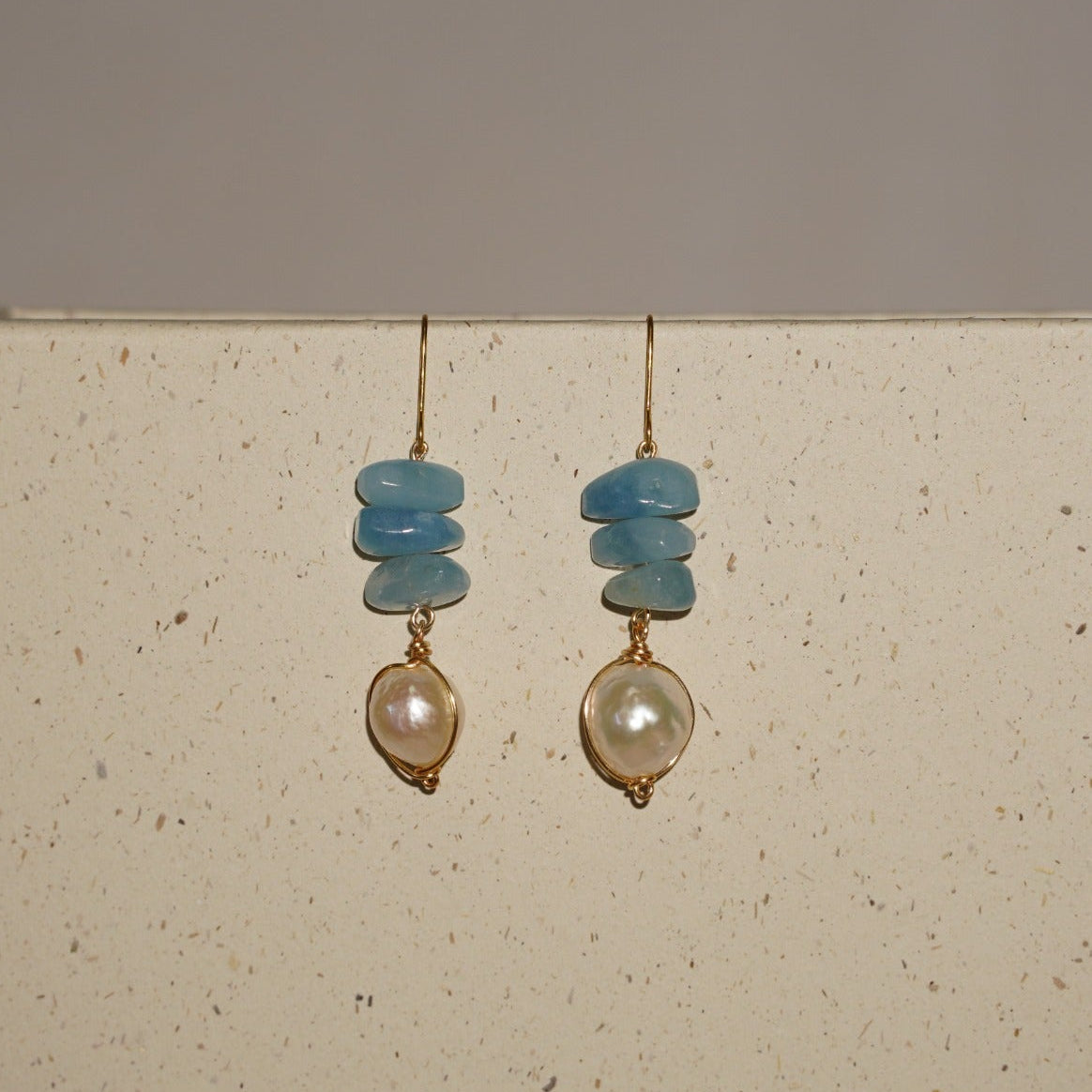 Nerina aquamarine and freshwater baroque pearl drop earrings